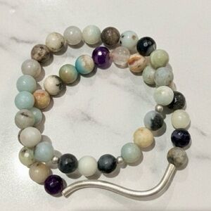 Set of 2 Faceted Aventurine Beaded Stretchy Bracelets w/Silver Hematite